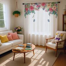 ستارة شفافة رومانسية بنقشة زهور وفراشات الأبعاد، خلفية بيضاء، مصنوعة من ألياف البوليستر، مناسبة للمنازل المؤجرة والغرف المعيشية والمطابخ والنوم، قابلة للإزالة والغسل في الغسالة، ستارة نافذة صغيرة - متعدد الألوان - مشاهدة 4