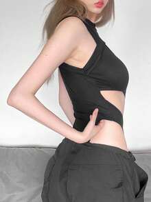 Top Dazzle 女士无袖吊带背心连体衣，高开衩设计，微弹涤纶面料，休闲度假嘉年华必备 - 黑色 - 查看 4