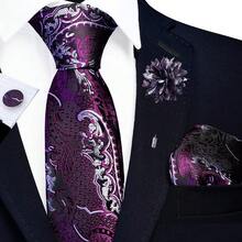 GUSLESON 8cm Paisley Tie Set For Men Necktie Lapel Pin Pocket Square Cufflinks Set For Men,Purple - Purple - View 3