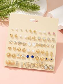 30 Pairs Minimalist Cute Fashion Women Stud Earrings, Heart Shaped Rhinestone, Faux Pearl, Flower, Butterfly Designs, Versatile For Daily, Casual, Holiday Wear, Gift - Multicolor - View 2