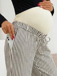 孕妇撞色条纹抽绳腰宽松休闲裤，适合度假和居家穿着，春夏秋季 (JH25124) - 黑色 - 查看 7