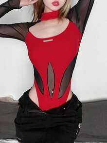 Top Dazzle Fitted Streetwear Style Round Neck Long Sleeve Mesh Bodysuit - Red - View 3