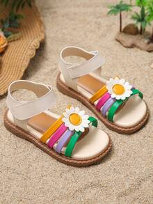 1 Pair Girls' New Summer Daisy Flat Sandals, PU Leather Material, Hook And Loop Strap, Easy On/Off, Suitable For Daily Wear, Beach, Party And Gathering - Multicolor - View 2