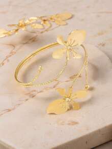 1pc Fashionable Elegant Geometric Line 3D Flower Adjustable Anklet, Suitable For Daily, Party, Holiday, Gathering, Great Gift For Family/Friends - Yellow Gold - View 3