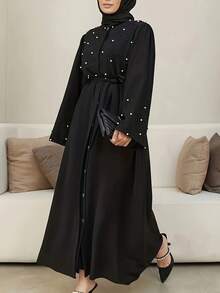 Elegant Beaded Abaya With Belt, Arabic Style Long Robe