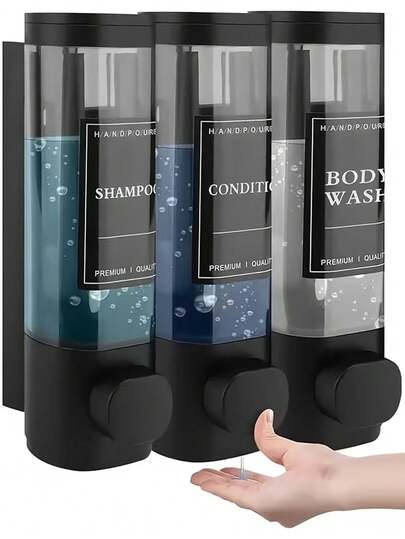 1个壁挂式浴室皂液器，可盛放沐浴露、洗发水和护发素 - 适用于洗手、淋浴和头发护理 - 带皂液器托盘的按压瓶，酒店式免钻孔壁挂式三合一皂液器。适用于浴室、厨房、超市、酒店和餐厅。