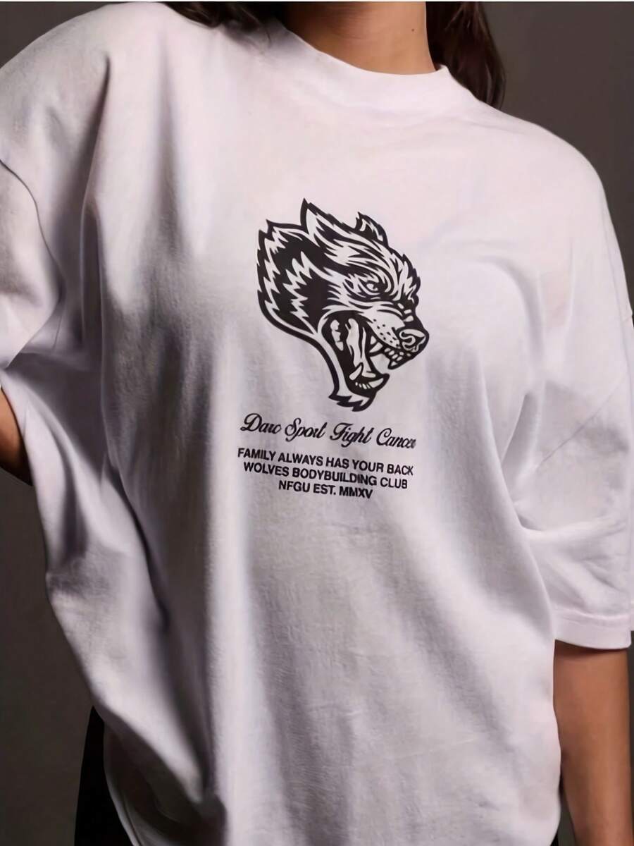 Darcsports Wolf Head Out Of Print Short Sleeve Fashion Fitness Essentials Pure Cotton Women's T-Shirt Front And Back Printing -Versatile Basic T-Shirts - Kiểu 13 - Xem 1