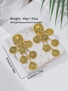 Khuyên tai dài kiểu dáng cổ điển, họa tiết đồng xu, hình tròn, dành cho nữ (Không kèm hộp quà) - Vàng - Xem 5