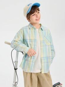 Balabala Tween Boy Casual Plaid Long Sleeve Shirt, Spring 2026 Collection - Blue-green Hue - View 3