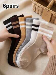 1/6 pares de meias unissex listradas de cor sólida até a metade da panturrilha, meias confortáveis, casuais, criativas e versáteis para o dia a dia, estilo universitário, perfeitas para a volta às aulas, adequadas para todas as estações. - Multicolorido - Ver 1