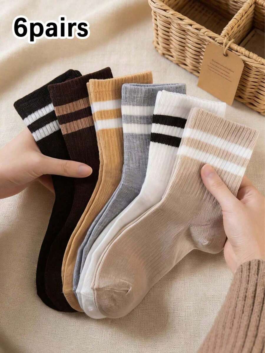1/6 pares de meias unissex listradas de cor sólida até a metade da panturrilha, meias confortáveis, casuais, criativas e versáteis para o dia a dia, estilo universitário, perfeitas para a volta às aulas, adequadas para todas as estações. - Multicolorido - Ver 1