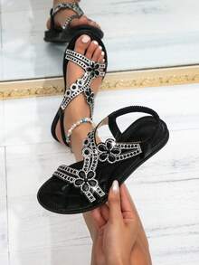 Women's Black Floral Rhinestone Wedge Sandals – Ladies Sandals With Wedge Thick Sole, Sparkling Crystal Embellished Open-Toe Design, Elastic Ankle Strap For Summer Beach Vacation & Casual Wear - 黑色 - 查看 2
