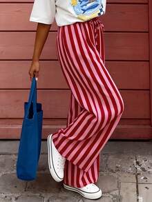 Autumn Holiday , Autumn/Winter Series, Street Style, Versatile, Retro Autumn , Lightweight Pants, Standalone Pants, Holiday , Bohemian Style, Contrast Striped Pattern, Pink Casual Wear, Pocket Drawstring Design, Comfortable Casual, Elegant Romantic, Urban Chic Women's Casual Pants - Pink - View 7