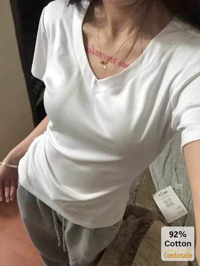女士V领短袖T恤，百搭纯色修身休闲T恤