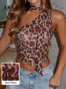 ARA CHIC 女士豹纹性感露背网纱单肩无袖高弹力吊带背心复古细肩带系带褶皱露脐上衣，沙滩度假春夏新款 2026 - 棕色 - 查看 4