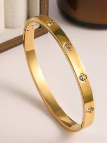 3pcs/1pc Fashion Flower & Clover Stainless Steel Bangle Bracelet Set, Golden, Elegant, Versatile, Suitable For Women, Girls, Daily Wear, Festivals, Weddings, Parties, Gifts For Wife, Daughter, Friend, Sister - Gold - View 12