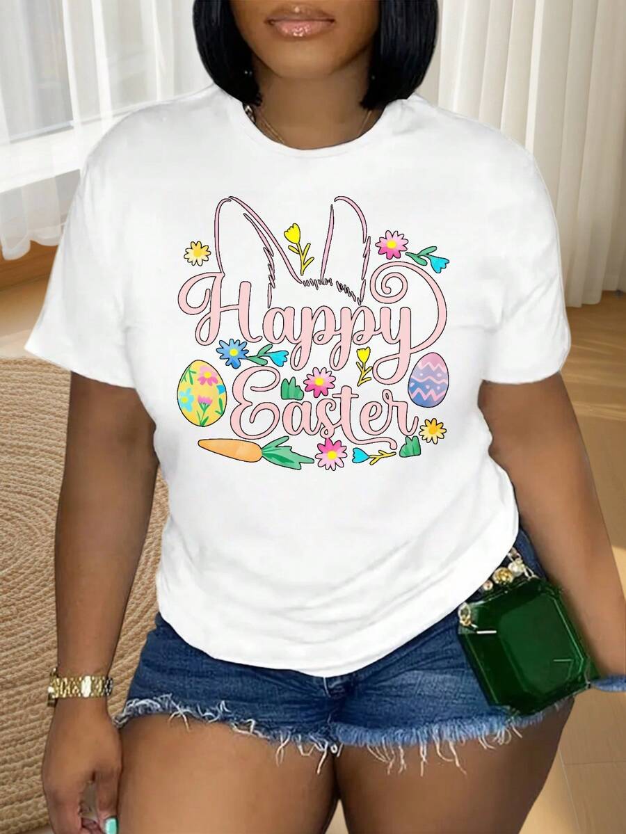 Happy Easter Bunny Ears Floral Eggs Carrots T-Shirt Women Spring Holiday Graphic Tee Easter Celebration Shirt Cute Festive TopValentine's Day Gift 220g - 白色 - 查看 1