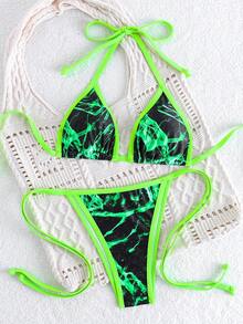 Conjunto de bikini de dos piezas con top de triángulo de cuello halter y Bottom tipo cheeky con estampado de mármol verde, de tela elástica para traje de baño de verano, elegante atuendo de playa para mujer - Verde - Ver 1