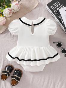 Baby Girl White Peter Pan Collar Romper, Baby Girl Short Sleeve With Cute Ruffled Skirt Design, Adorable Outfit For Spring/Summer - White - View 2