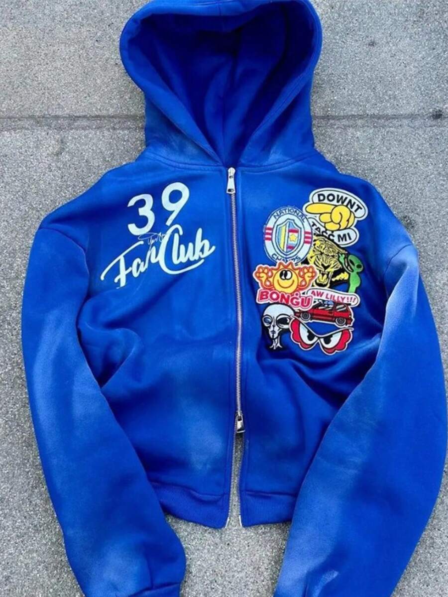 European And American Autumn Sweater New Fashion Loose Cardigan Personalized Street Style High Street Hooded Zipper Sweater Jacket - 藍色 - 查看 1