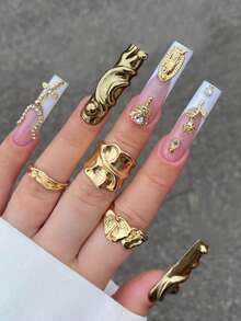 巴洛克奢华亚克力美甲套装，24片长方形按压式美甲，DIY艺术金属镀铬3D假指甲套装，饰有十字架/钻石/玫瑰图案，适用于美甲沙龙、日常佩戴、节日派对及礼品。 - 彩色 - 查看 1