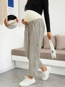 孕妇撞色条纹抽绳腰宽松休闲裤，适合度假和居家穿着，春夏秋季 (JH25124) - 黑色 - 查看 4