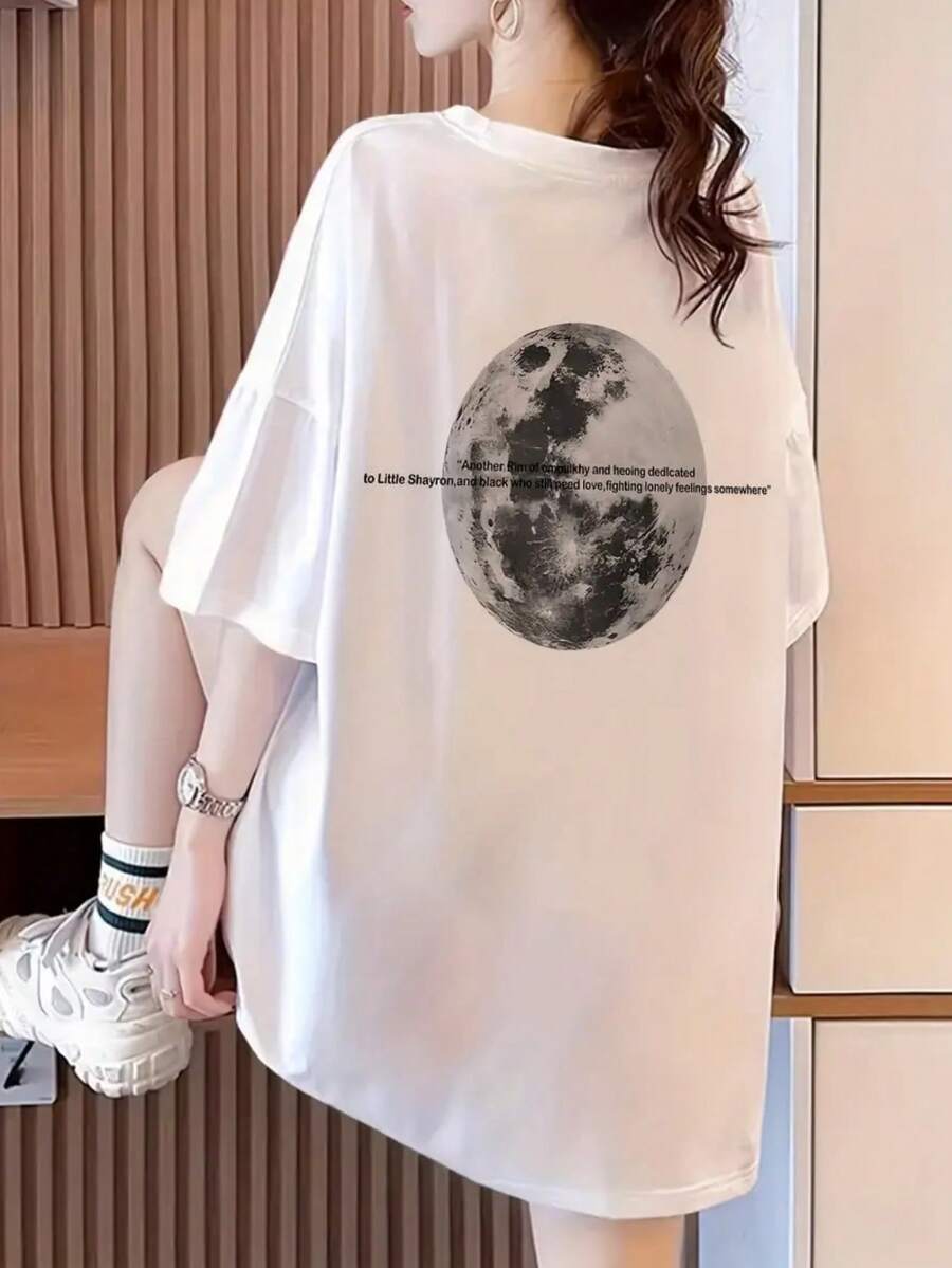 宽松休闲百搭印花短袖T恤，日系风格 - 白色 - 查看 1