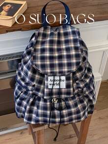 Large Capacity Fashionable Plaid Multi-Pocket Nylon Casual Backpack, Waterproof Lightweight Foldable Drawstring Patch Letter Travel Bag, Summer - Navy Blue - View 9