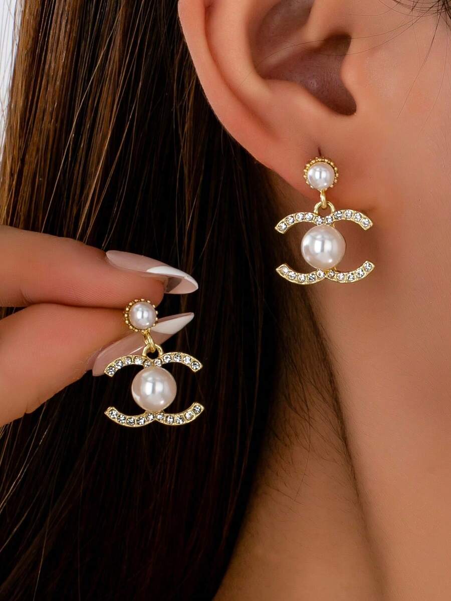 1 Pair Elegant Pearl Decor Dangle Earring, Vintage Faux Pearl Earring With Charms, Basic Design Earrings Gift For Women Daily Wear, Jewelry Gift For Her - 金色 - 查看 1