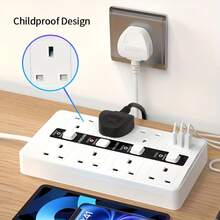 10 In One Power Strip Lightning Protection Device, Compact Design, 3250W 13A AC Socket, Including 7 AC Sockets And 3 USB Ports, With 4 Independent Switches, Portable British Standard Plug, Suitable For Home, Kitchen, Office Or Hotel Use - UK Plug(220-240V) - View 3