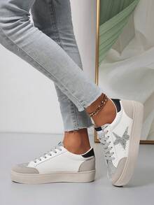 1 par de tênis casuais femininos com estampa de estrelas brilhantes, modelo charmoso com cadarço, ideais para esportes, atividades ao ar livre e todas as estações. - Branco - Ver 3