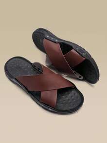 Brown Criss-Cross Leather Retro Fashion Men's Sandals, Non-Slip Comfortable Open Toe Slippers, Suitable For Outdoor, Beach, Holiday, Versatile For All Seasons - Brown - View 3