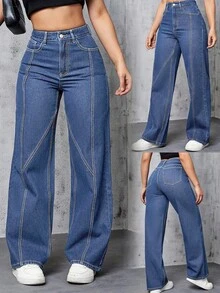 Y2K Autumn Back To School Season, Autumn/Winter, All Season One Piece Long Denim Jeans With Buttons And Zipper, Solid Color Cotton Casual Fashion Versatile , Suitable For Night Out, Commuting, School Spring - Blue - View 2