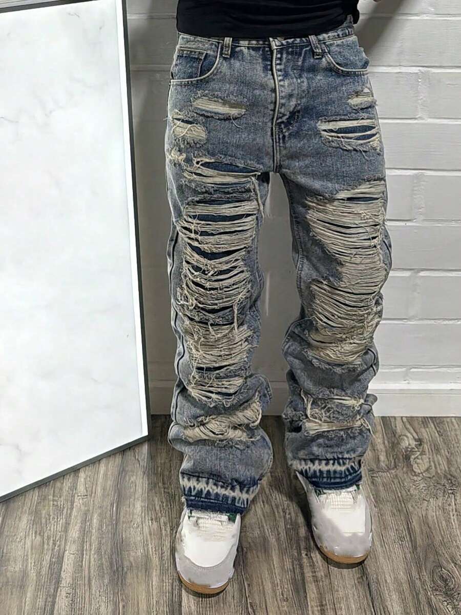 Y2K Distressed Cat Whisker Straight Leg Jeans, Wide Leg Jeans, Street Rock Denim, Splattered Denim Pants For All Seasons, Frayed Hem Wide Leg Loose Fit Jeans, Y2K Streetwear Casual Daily Cotton Pants - Blue - View 1