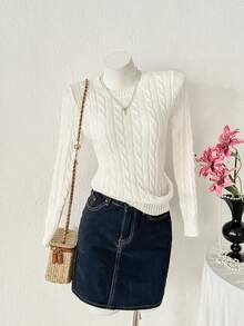 PUMPKIN 女士秋冬圆领修身麻花针织毛衣 - 适合通勤、休闲、甜美、学院风、情人节派对及其他场合 - 白色 - 查看 4