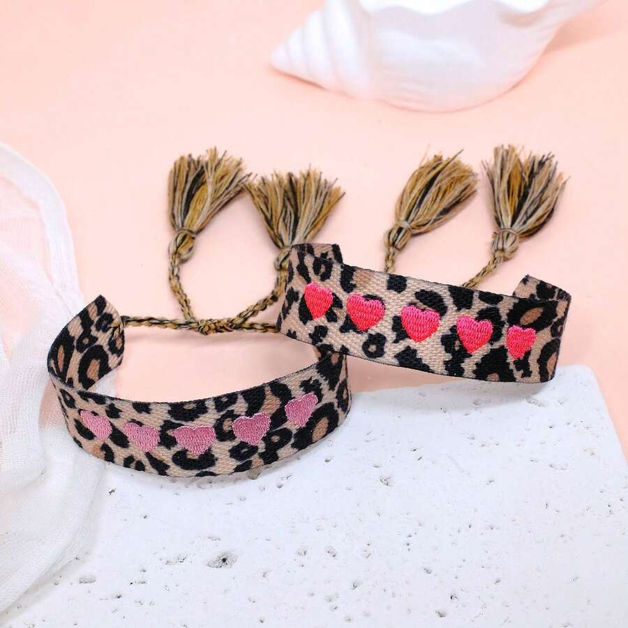 1pc Fashionable & Elegant Leopard Print Embroidered Red Heart Handmade Braided Bracelet, Suitable As Gift For Female Friends, Family, Holiday Party - Leopard - View 1