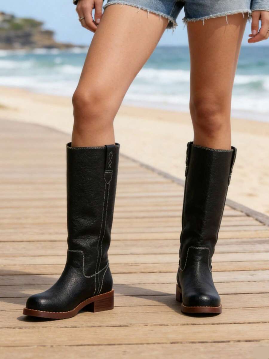 Women Campus Knee High Boots Square Toe Riding Boots Vintage Pull On Riding Boots Wide Calf Boots Chunky Block Low Heel Moto Boots - 黑色 - 查看 1