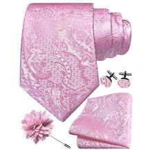 GUSLESON 8cm Paisley Tie Set For Men Necktie Lapel Pin Pocket Square Cufflinks Set For Men,Pink - Pink - View 1