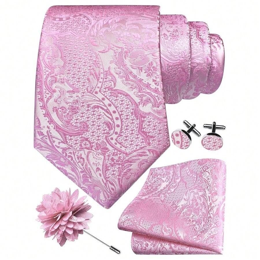 GUSLESON 8cm Paisley Tie Set For Men Necktie Lapel Pin Pocket Square Cufflinks Set For Men,Pink - Pink - View 1