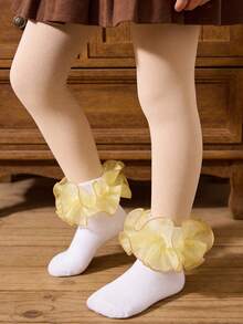 1 par de calcetines cortos de algodón con volantes y estampado floral grande para niñas, calcetines elegantes de estilo princesa para atuendos de fiesta - Amarillo - Ver 6