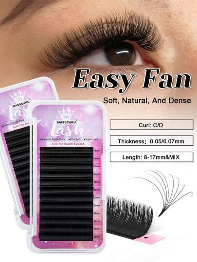 12 bandejas MASSCAKU Extensiones de pestañas fáciles de abanico estilo C/D Curl 0.07 8-17mm y bandeja mixta de extensiones de pestañas esponjosas 2D-10D autoadhesivas
