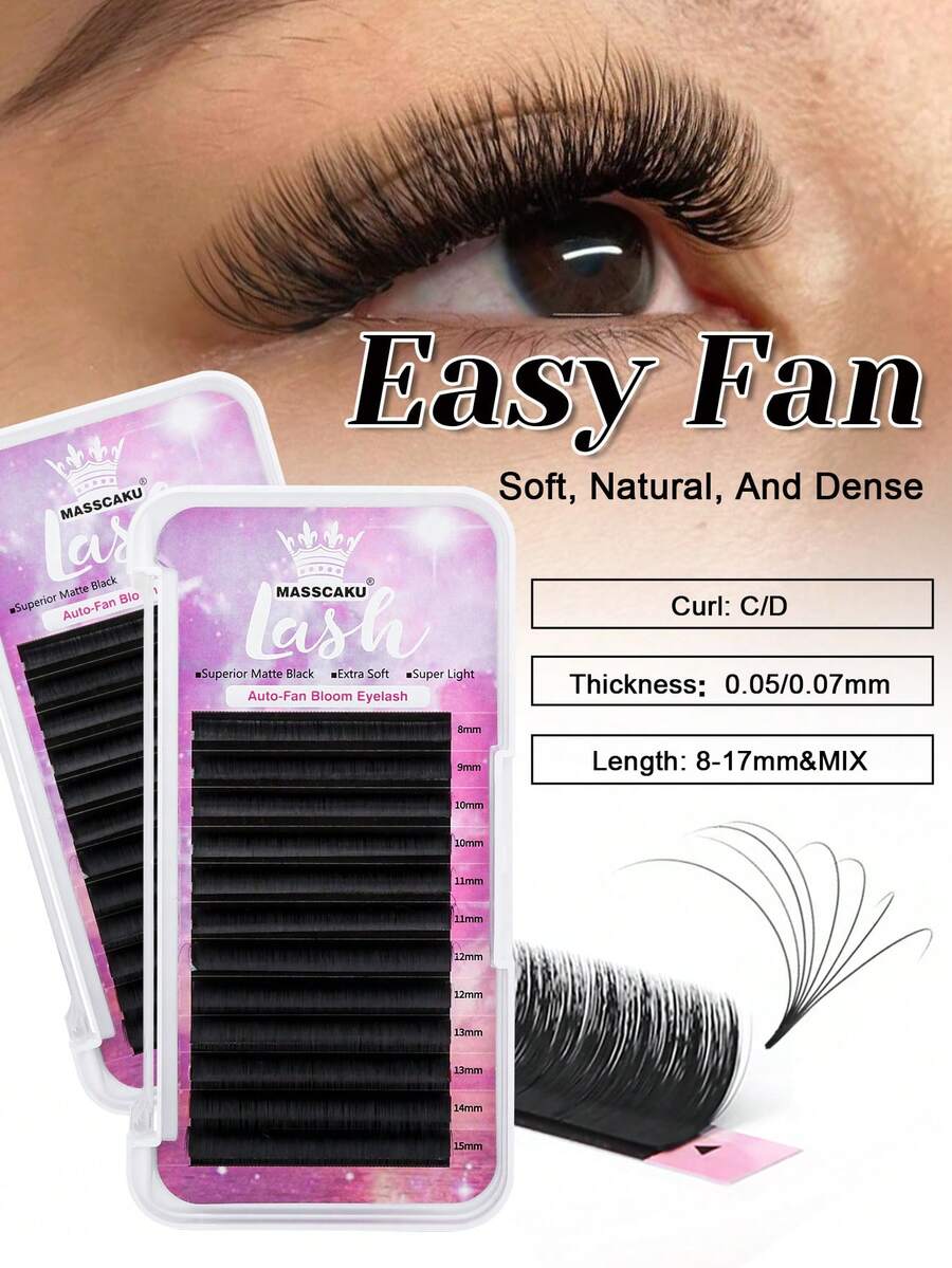 12 tăvițe MASSCAKU Extensii de gene Easy Fan C/D Curl 0.07 8-17mm și extensii de gene pufoase 2D-10D cu auto-desfacere - Negru - Vizualizare 1
