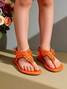 2026 New Girls' Bright Orange Sandals - 3D Floral Decor, Faux Leather Material, Non-Slip Open Toe Breathable Flat Sandals | Sweet Pastoral Style, Perfect For Summer Beach, Daily Wear And Casual Activities | Adorable Kids Shoes, Best Seller, Highly Rated, Pairs Well With Dresses, Soft Non-Slip Soles, Ideal Holiday Gift - trái cam - Xem 5