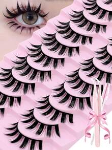 10 أزواج من رموش عيون القطة الأنمي الزائفة، تشمل فرشاة الرموش والمطبق، رموش أنمي كورية طبيعية، رموش أنمي يابانية سميكة، رموش مغناطيسية زائفة، عناقيد رموش زائفة - نصف رموش - مشاهدة 1