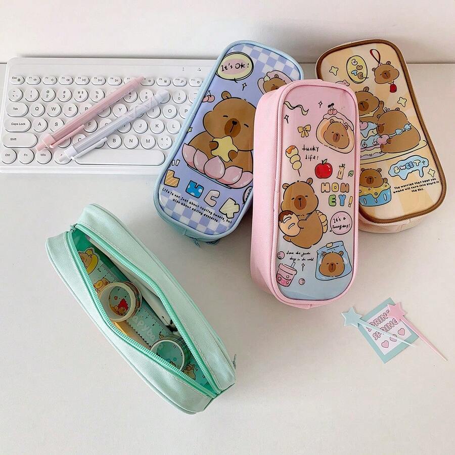 1pc Cute Cartoon Capybara Pencil Case, Large Capacity Student Stationery Bag, Desktop Storage Pouch - Multicolor - View 1