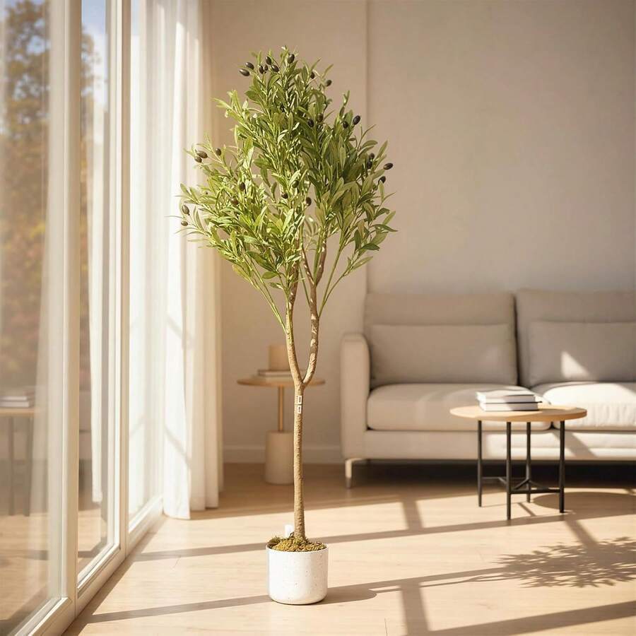 Artificial Olive Tree In A Pot (60/120/135/150/160 Cm Tall), Artificial Olive Plant With Natural Leaves And Fruit, Decorative Houseplant For Office, Home, Bedroom, Modern Country House And Entrance Area Decoration - 橄欖綠 - 查看 1