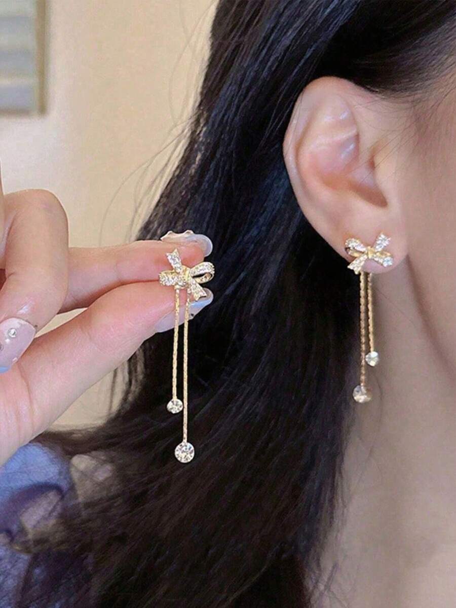 1 Pair Elegant Bow, Rhinestone Tassel Front & Back Earrings, Perfect Accessory For Daily Wear And Various Occasions - Gold - View 1