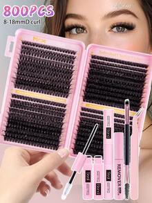 800pcs D-Curl High Capacity Individual Lashes Set, Includes Adhesive, Sealant, Makeup Remover, Lash Brush, Tweezers, Creates Soft Natural Fluffy Segmented False Lashes, Suitable For DIY At Home, Daily Wear, Travel, Photography, Parties, Weddings, 10D, 20D, 30D, 40D, 50D, 60D, 80D, 100D Mixed Styles - Black - View 16