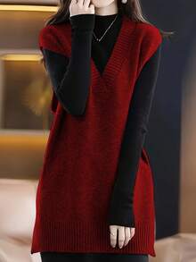 Nueva Elegante y Estilosa Chaleco de Punto sin Mangas con Cuello en V, Versátil para el Trabajo y el Uso Casual - Burdeos - Ver 3