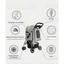 Carreola Para Mascota Perros Gatos Plegable Con Cinturón Gris